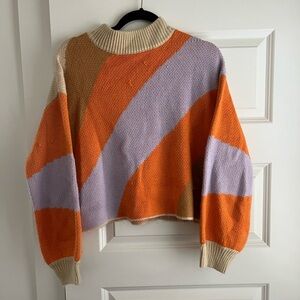 Vestique Orange and Purple Cowl Neck Sweater with Geometric Design